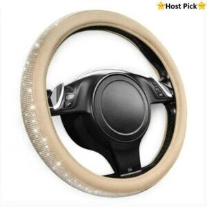Sparkly Rhinestone Leather Steering Wheel Cover, Tan/Beige – Universal Fit – NWT